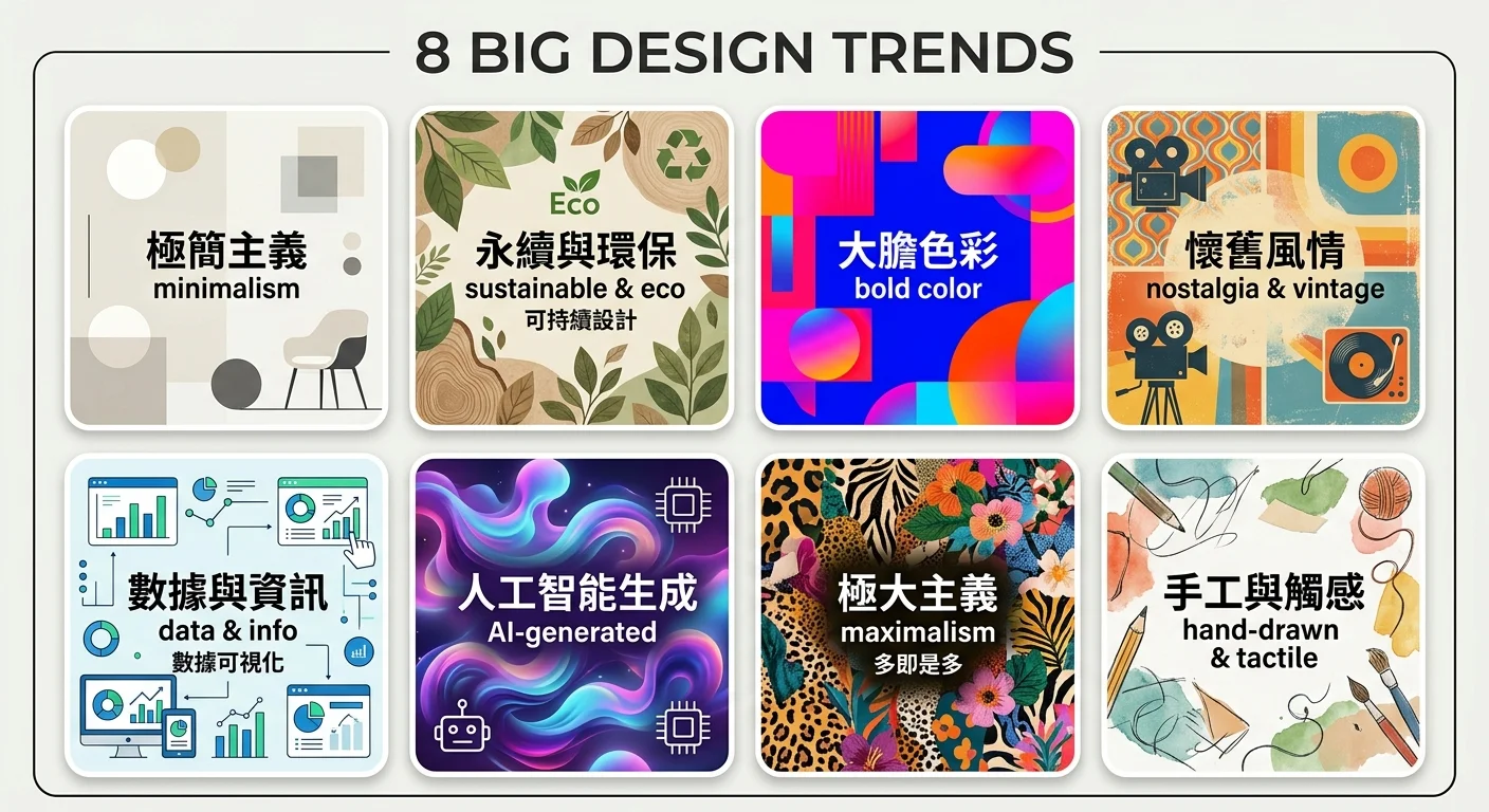 八大設計趨勢的拼貼視覺，每個趨勢用一個小方塊展示風格示意