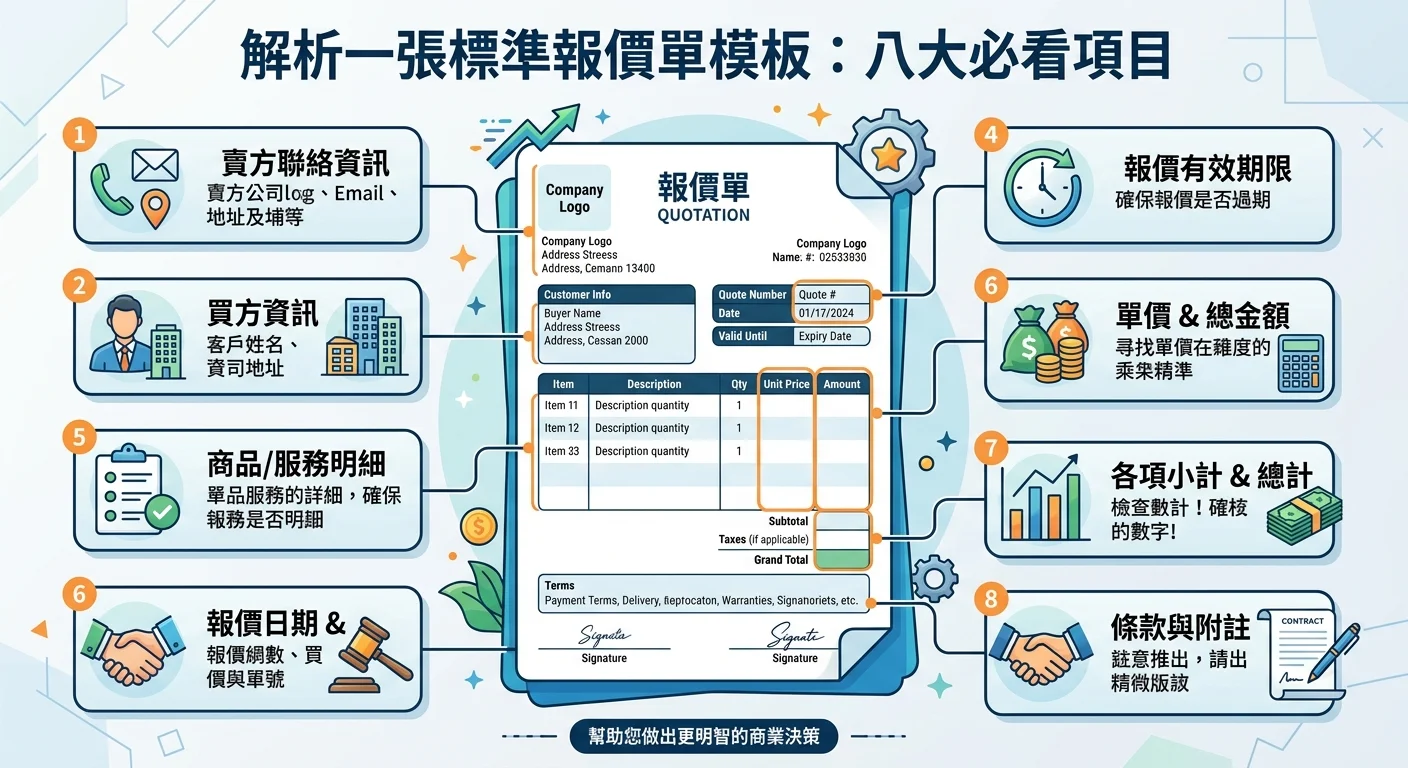 一張報價單模板的拆解圖，標出八大必看項目的位置和說明