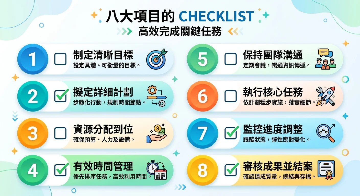 八大項目的 checklist 圖，每個項目旁邊有勾選框和簡要說明