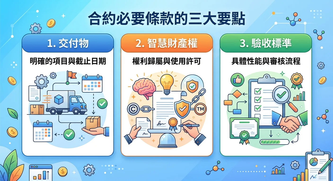 合約必要條款的三大要點圖示：交付物、智財權、驗收標準，每個要點用不同圖示表示