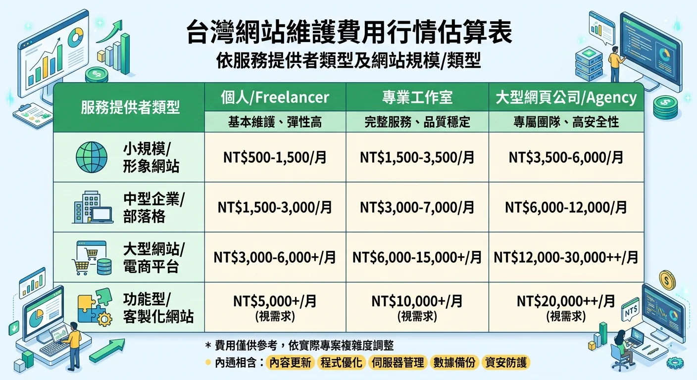 台灣網站維護費用行情表格圖，按服務提供者類型（個人/工作室/公司）和網站類型分列費用範圍，專業易讀的表格設計