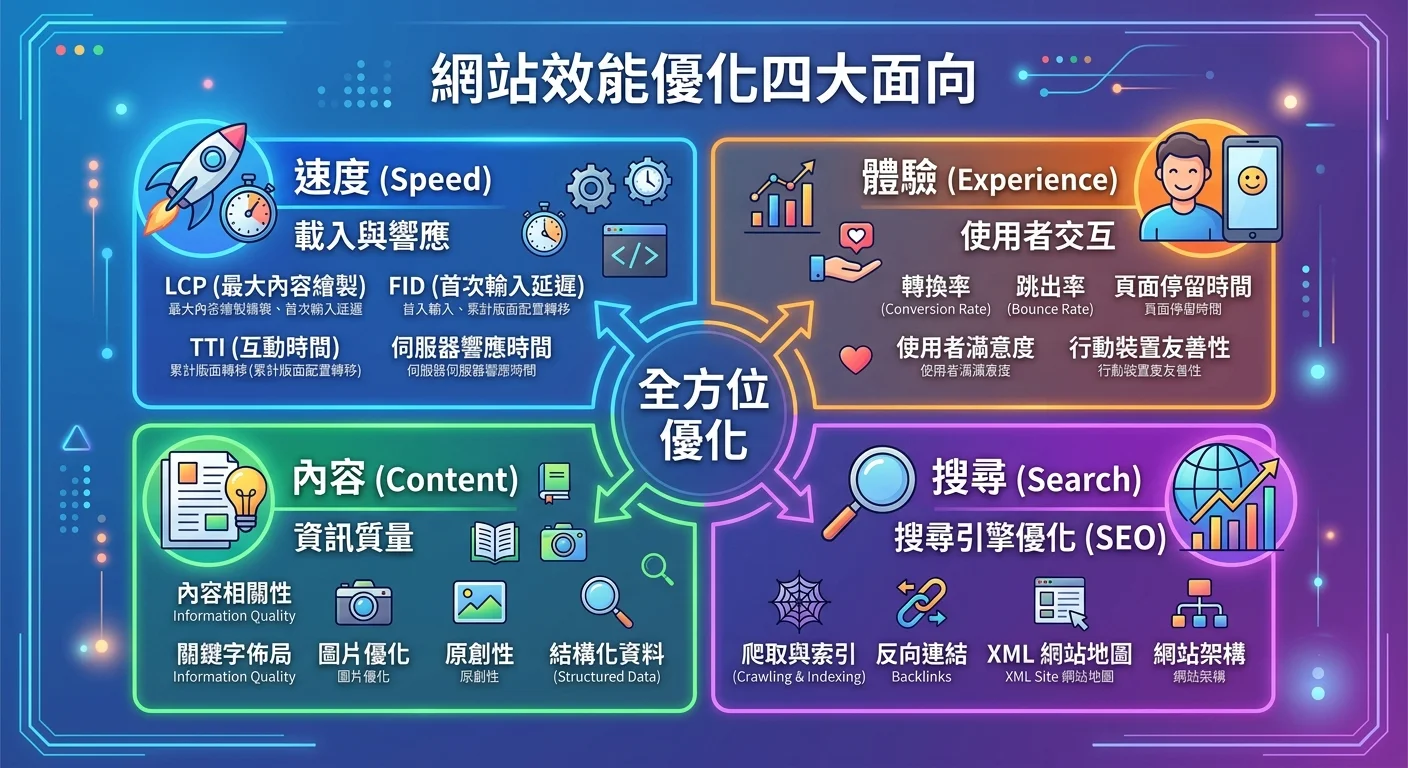 網站效能優化四大面向圖，以四象限設計展示速度、體驗、內容、搜尋四個面向，每個面向列出關鍵指標