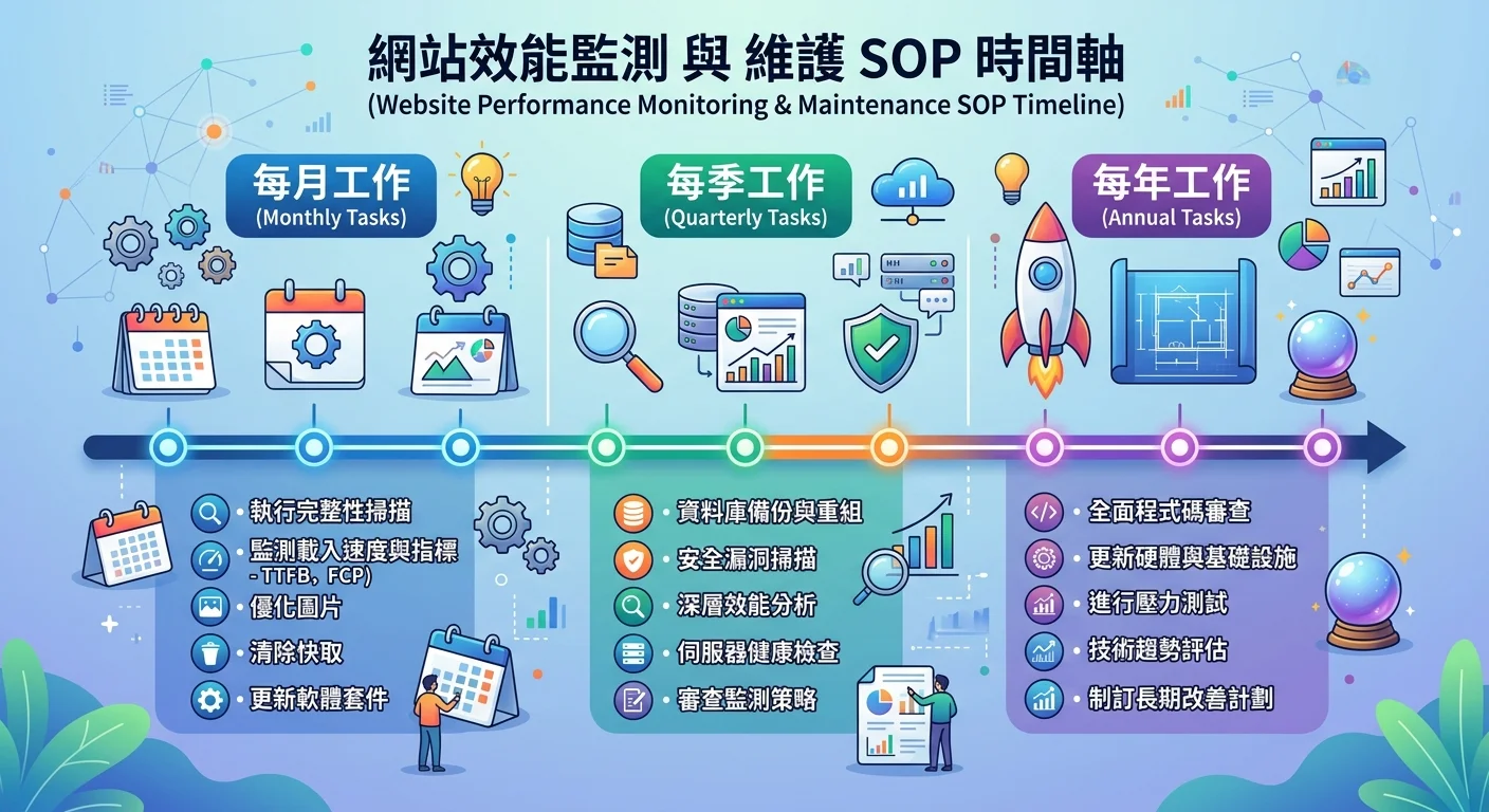 網站效能監測 SOP 時間軸圖，以時間軸形式展示每月、每季、每年的效能維護工作