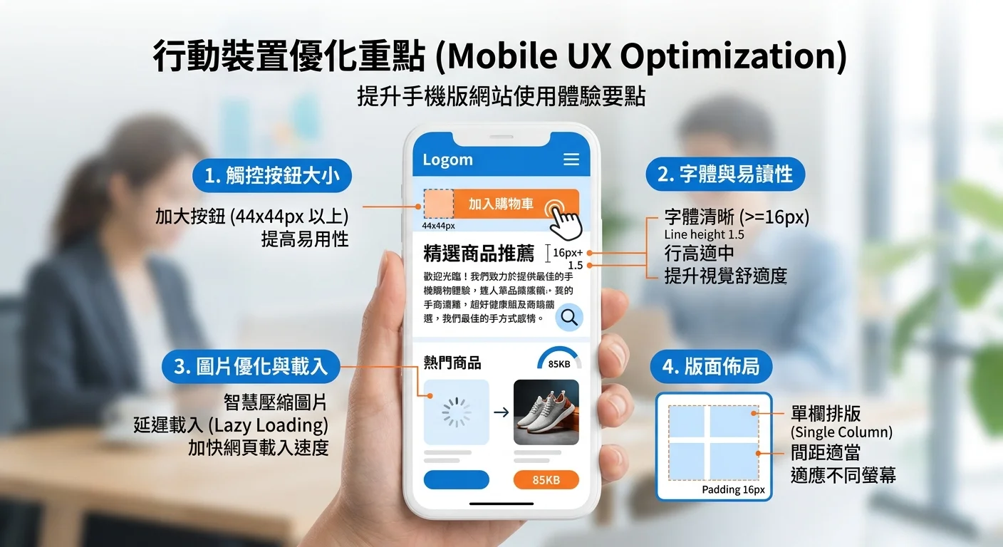 行動裝置優化重點圖，展示手機版網站的觸控按鈕大小、字體大小、圖片載入等 UX 優化要點