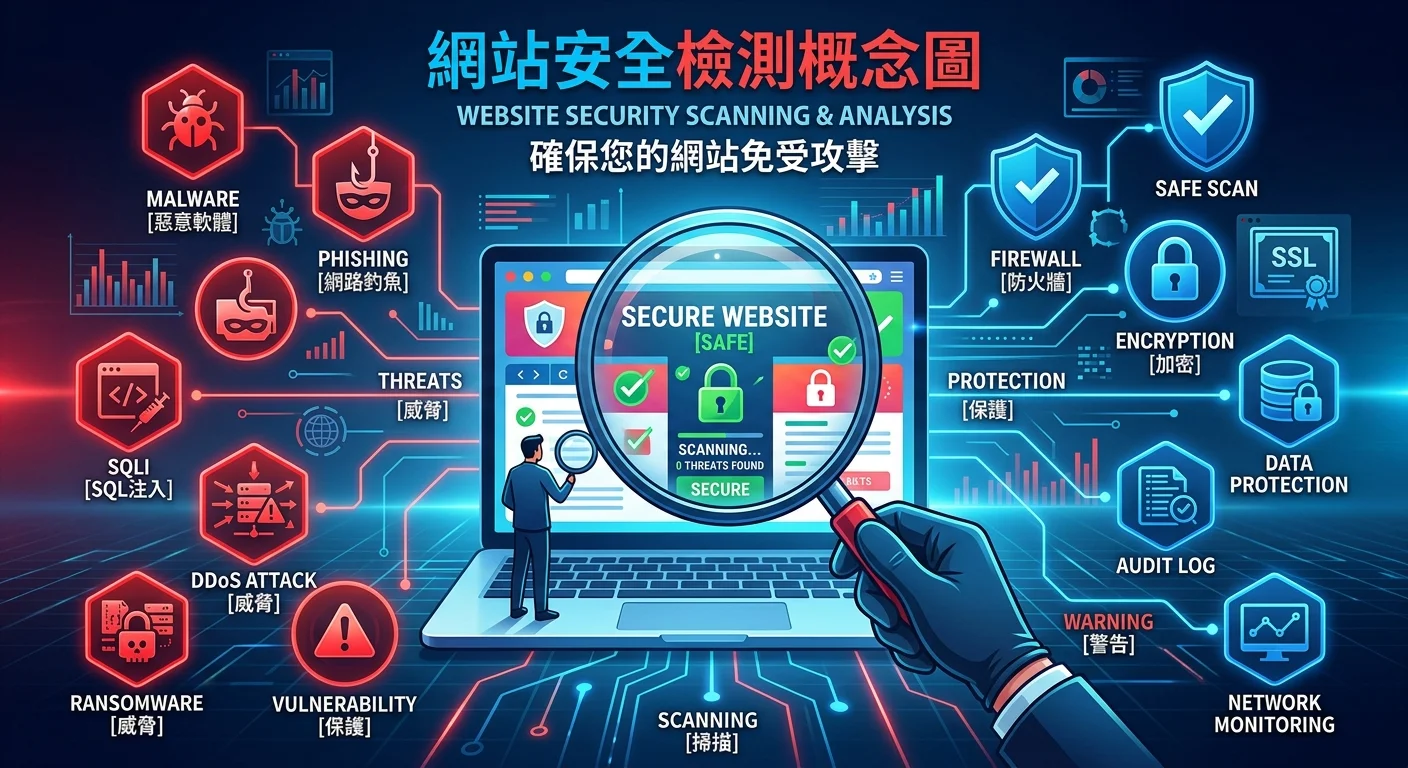 網站安全檢測概念圖，一個放大鏡檢查網站的畫面，周圍分布各種安全威脅圖示（病毒、鎖頭、警告符號），配色使用藍色和紅色