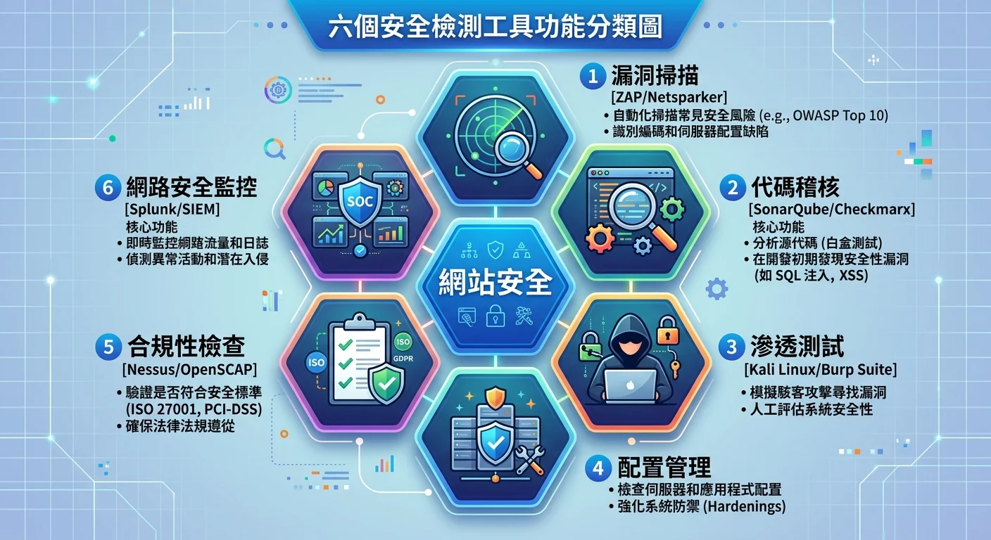 6 個安全檢測工具的功能分類圖，以六角形蜂巢式設計排列，每個工具標示名稱和核心功能，中間為「網站安全」文字