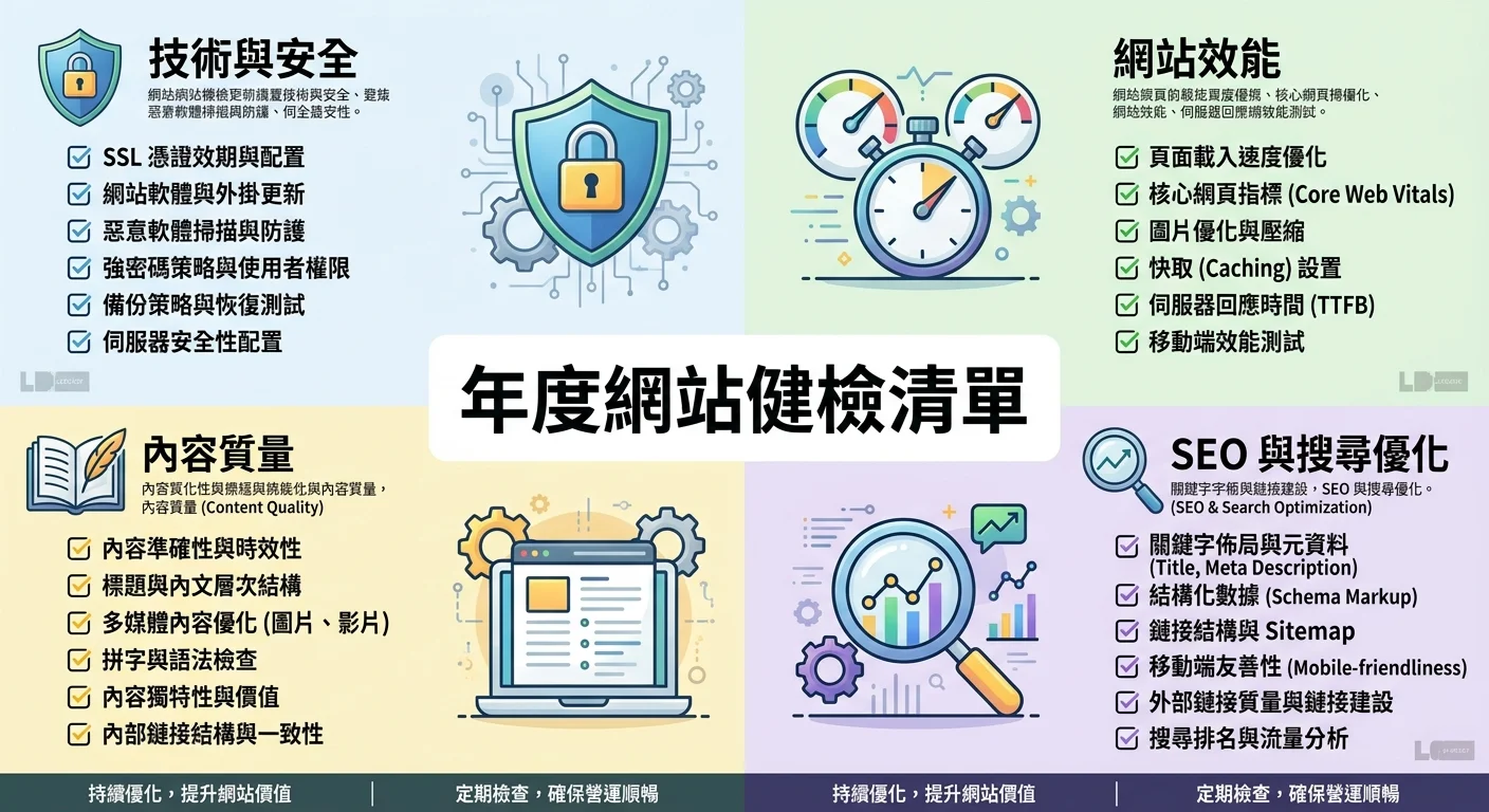年度網站健檢清單圖，以四個象限設計（技術安全、效能、內容、SEO），每個象限列出關鍵檢查項目，整體設計專業清晰