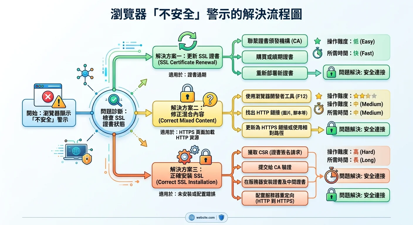 瀏覽器「不安全」警示的解決流程圖，從問題診斷到三種解決方案，每個方案標示操作難度和所需時間