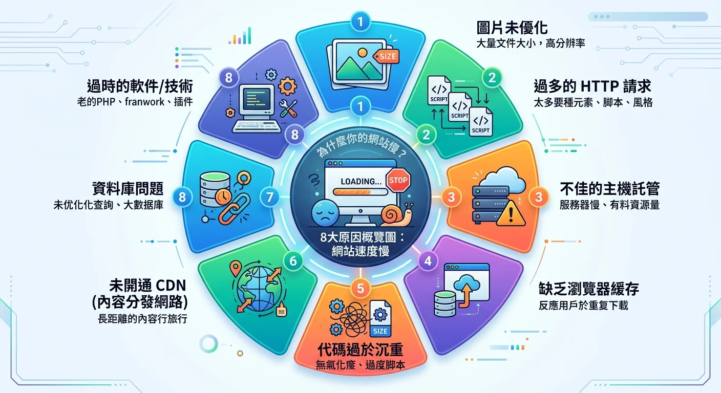 網站速度慢的 8 大原因概覽圖，以放射狀設計列出各原因，中央為一個慢速的網站圖示