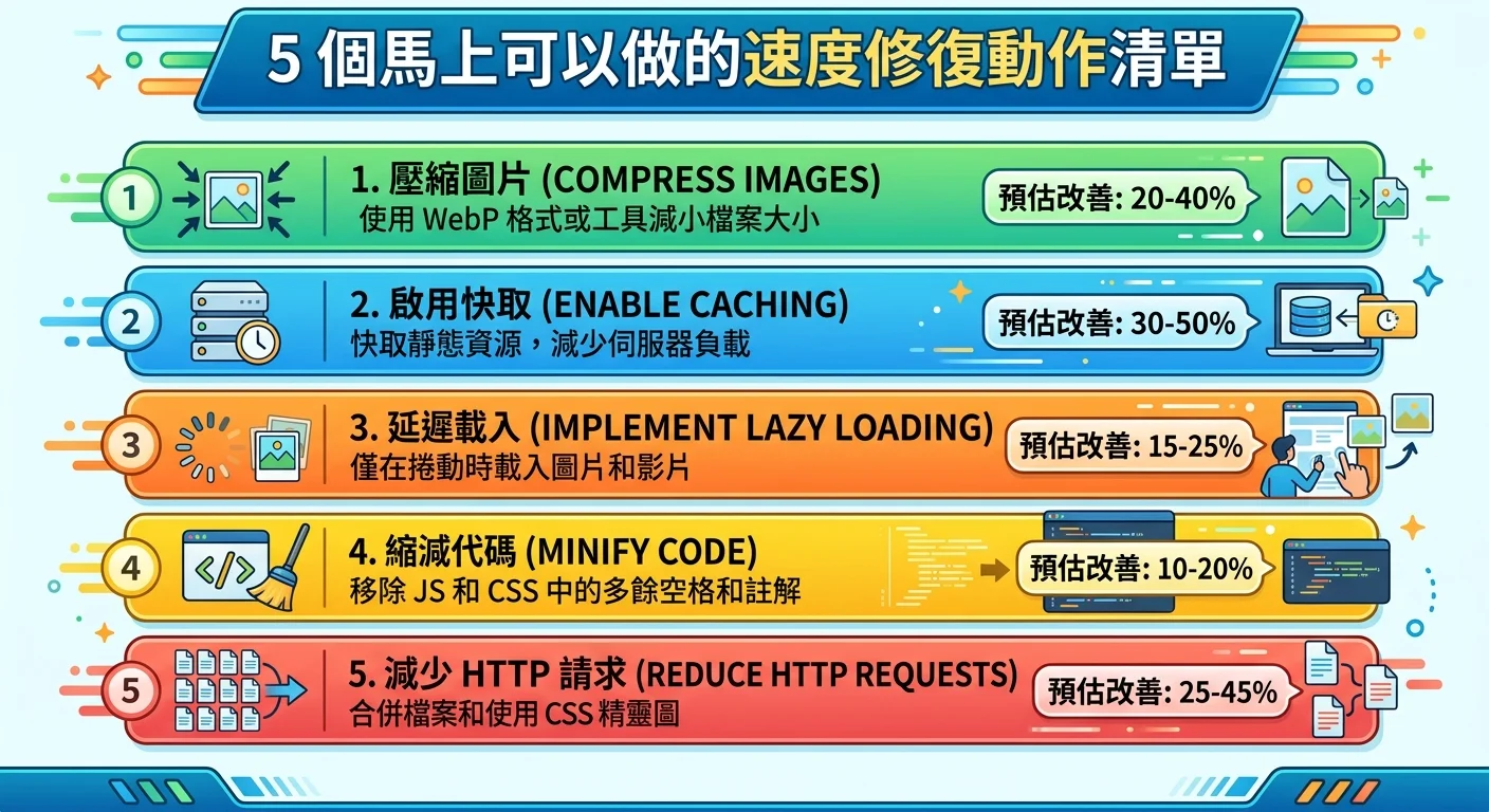 5 個馬上可以做的速度修復動作清單圖，以行動導向的清單格式呈現，每個動作標示預估改善幅度