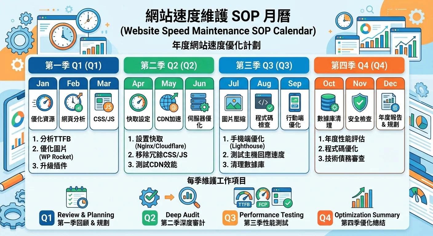 網站速度維護 SOP 月曆圖，標示每月、每季要做的速度維護工作項目