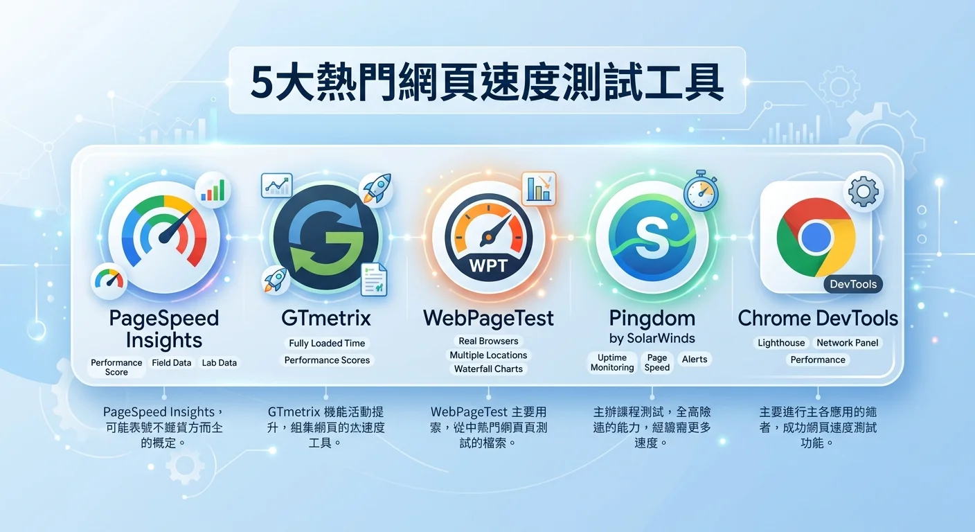 5 個速度測試工具的 Logo 排列圖，以工具列形式展示 PageSpeed Insights、GTmetrix、WebPageTest、Pingdom、Chrome DevTools