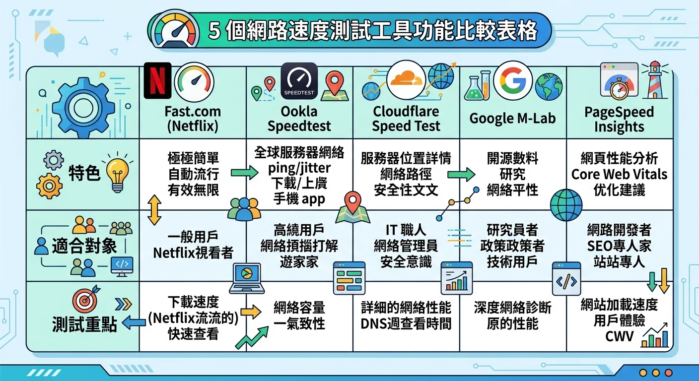 5 個速度測試工具的功能比較表格圖，以清晰的表格設計呈現各工具的特色、適合對象和測試重點