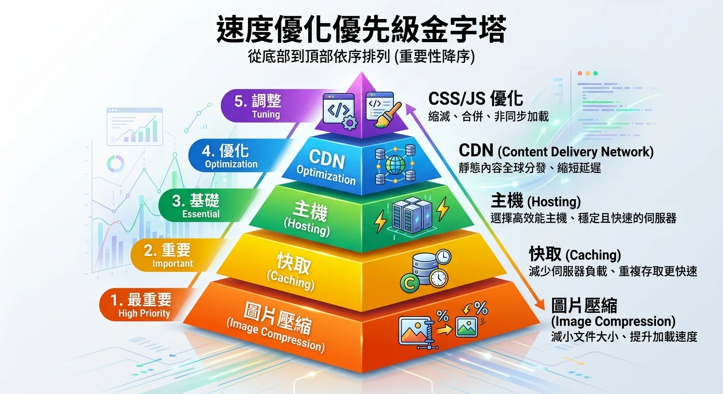 速度優化優先級金字塔圖，從底部到頂部排列：圖片壓縮（最重要）→ 快取 → 主機 → CDN → CSS/JS 優化