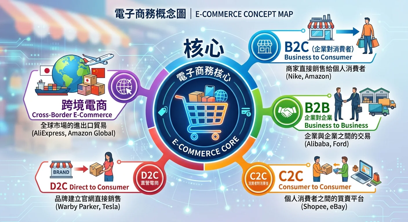 電商概念圖，中心為購物車圖示，周圍環繞五種電商模式（B2C、B2B、C2C、D2C、跨境），以放射狀排列