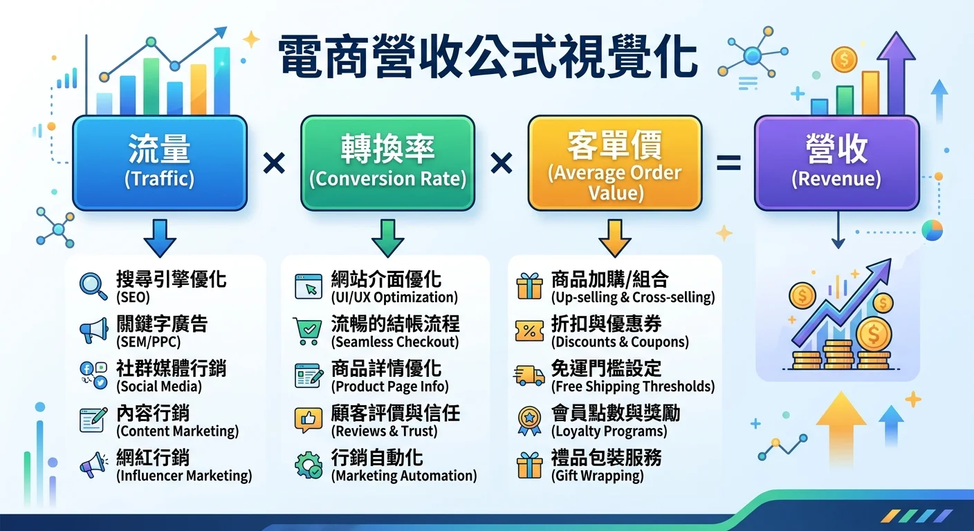 電商營收公式視覺化圖，三個方塊（流量、轉換率、客單價）以乘號連接，最右邊等於「營收」，每個方塊下方列出提升方法