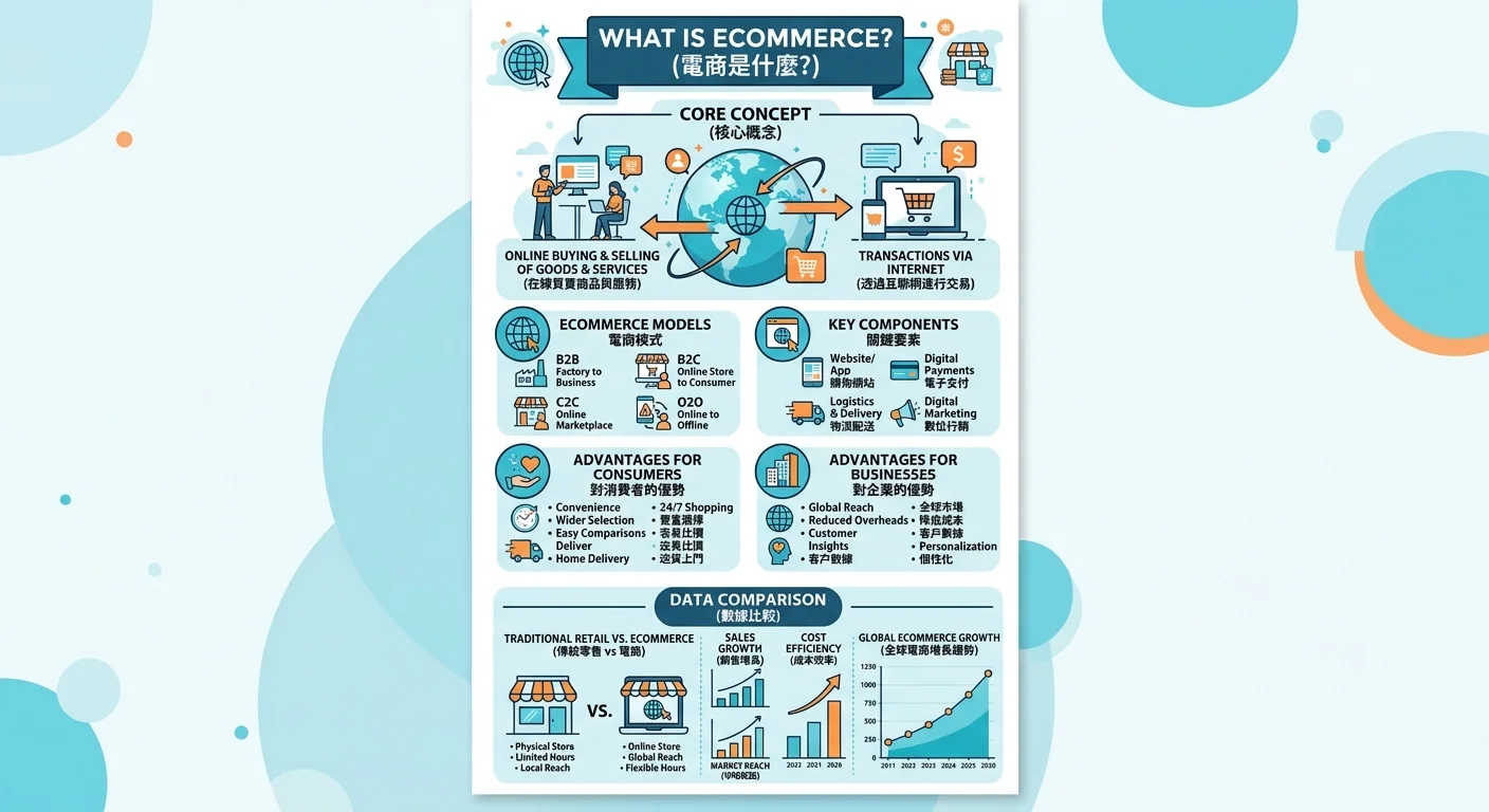 電商是什麼？2026 新手必讀：電商定義、種類、台灣現況完整解析相關的視覺化資訊圖，展示核心概念與數據對比