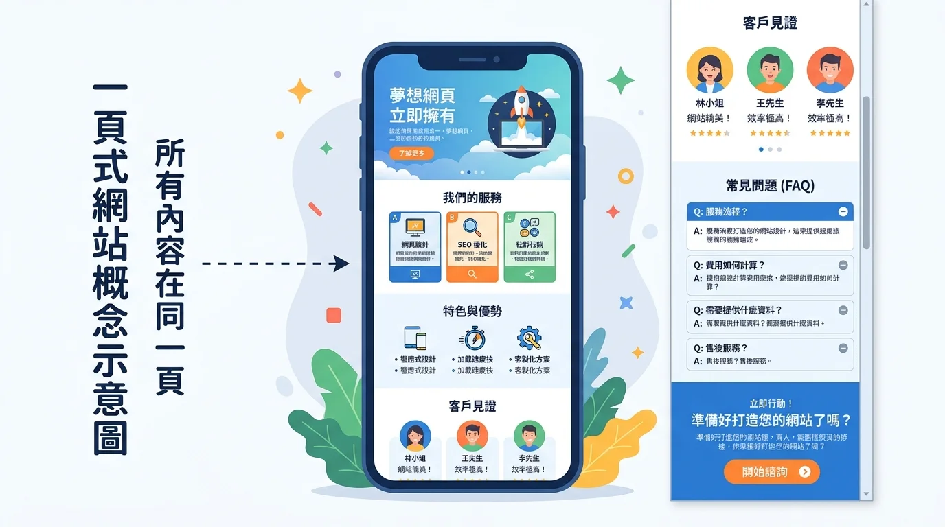 一頁式網站概念示意圖，展示一個長條形的手機螢幕畫面，從上到下依序為 Hero 區→服務介紹→特色優勢→客戶見證→FAQ→CTA，旁邊標示「所有內容在同一頁」