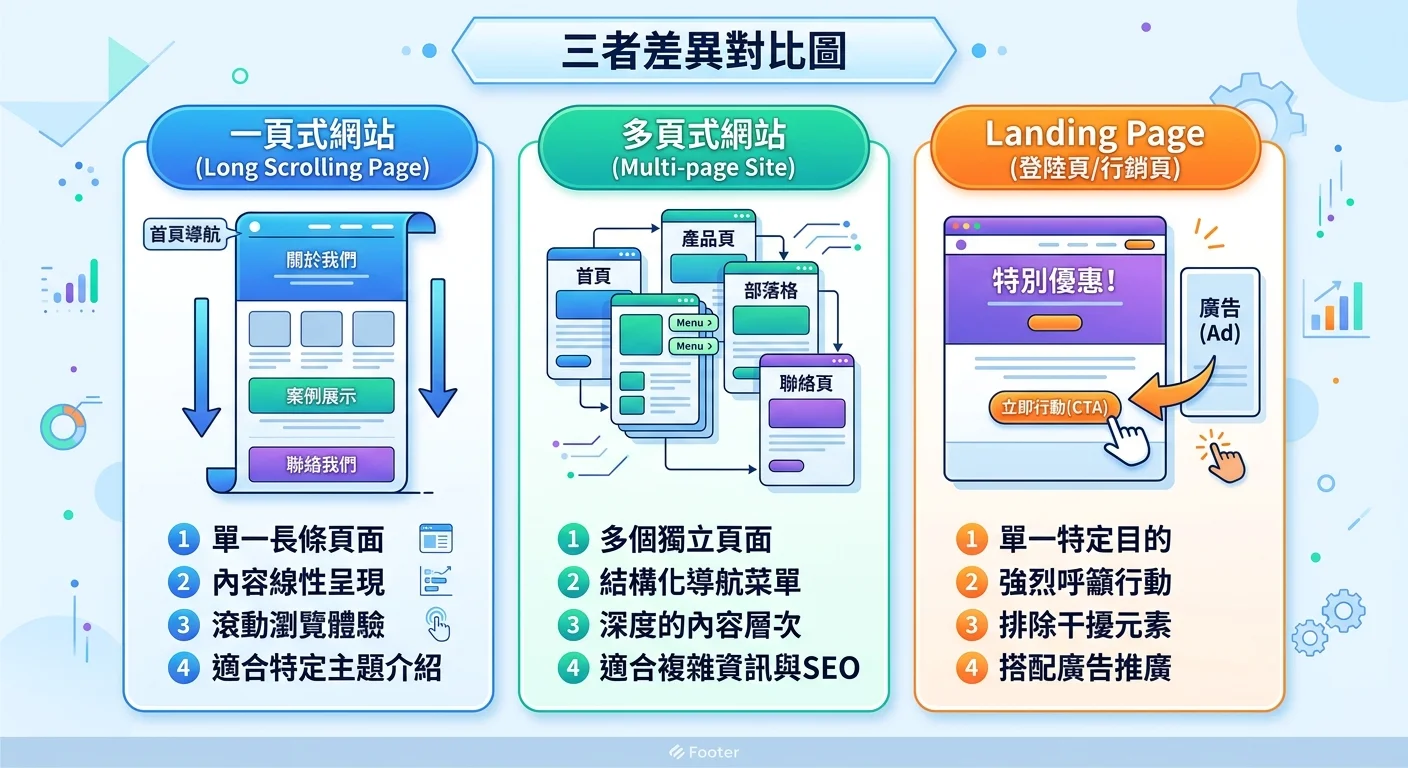 三者差異對比圖，三欄分別呈現一頁式網站（長條滾動頁面）、多頁式網站（多個頁面層疊）、Landing Page（單頁搭配廣告箭頭），每欄標示核心特徵