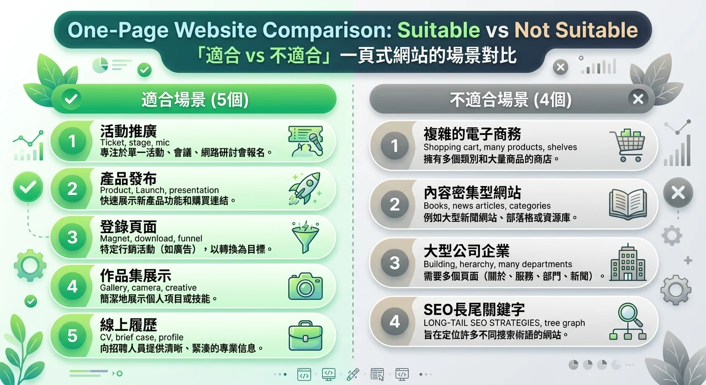 「適合 vs 不適合」一頁式網站的場景對比圖，左側綠色列出 5 個適合場景，右側灰色列出 4 個不適合場景