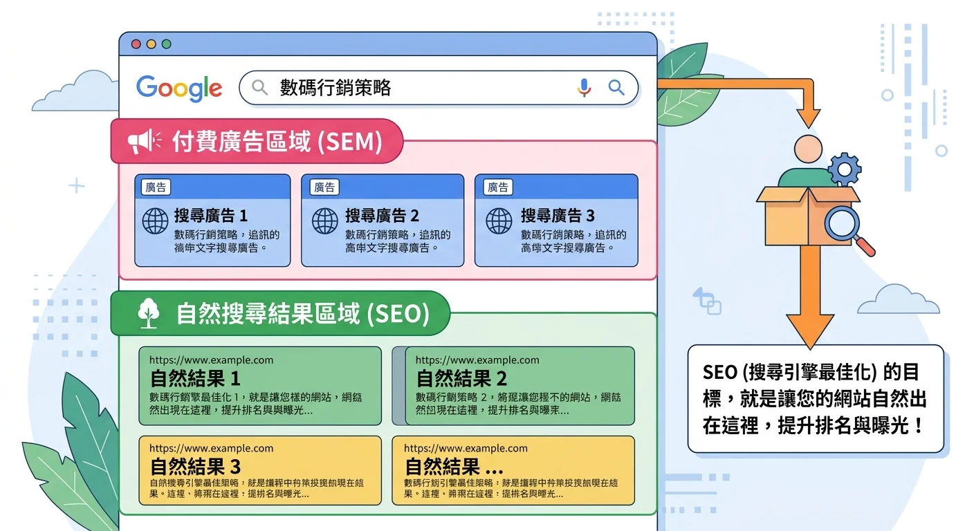 Google 搜尋結果頁面示意圖，上方標示付費廣告區域，下方標示自然搜尋結果區域，用箭頭指出 SEO 就是讓網站出現在自然搜尋結果中