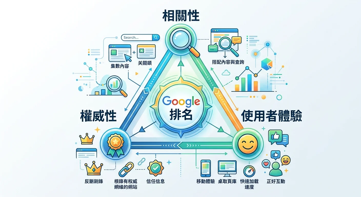 SEO 三大核心因素的三角形圖，三個頂點分別是「相關性」（放大鏡圖示）、「權威性」（獎章圖示）、「使用者體驗」（笑臉圖示），中間寫著「Google 排名」