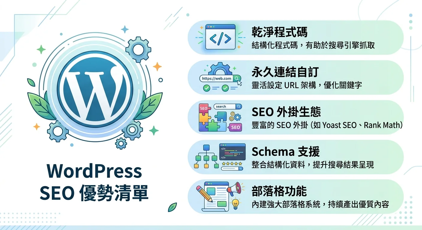 WordPress SEO 優勢清單圖，左側是 WordPress Logo，右側以清單格式列出五項 SEO 優勢（乾淨程式碼、永久連結自訂、SEO 外掛生態、Schema 支援、部落格功能），每項附一個小圖示