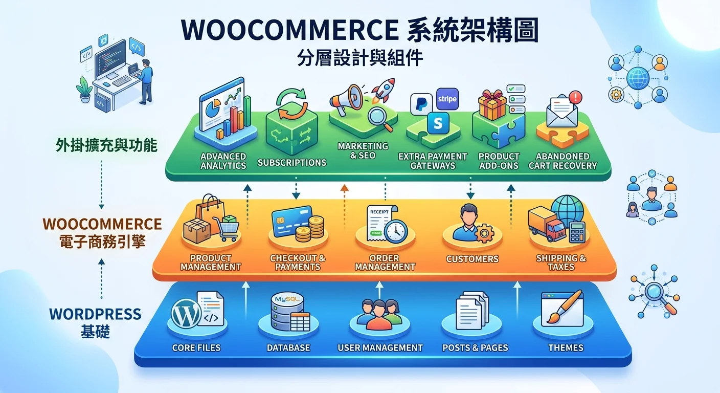 WooCommerce 運作架構圖，三層結構：底層 WordPress（地基）、中層 WooCommerce（電商引擎）、上層外掛擴充（功能模組），每層配圖示