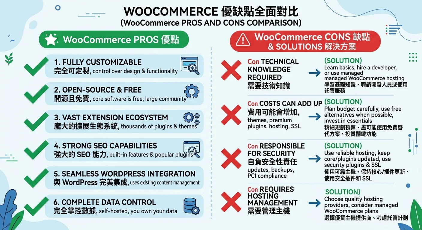WooCommerce 優缺點對比圖，左側六個綠色勾選標示優點，右側四個紅色叉叉標示缺點，每個缺點旁附解法