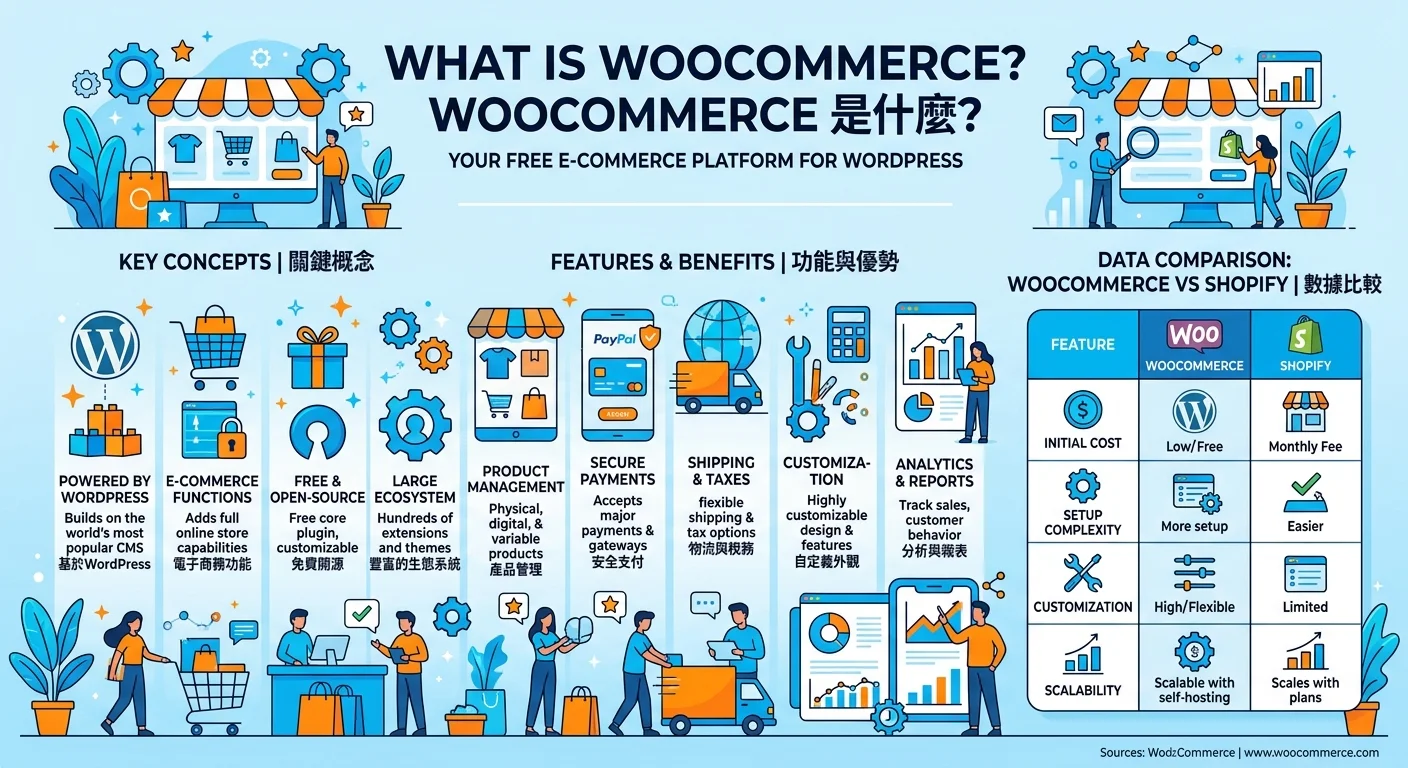 WooCommerce 是什麼？2026 年最完整入門指南相關的視覺化資訊圖，展示核心概念與數據對比