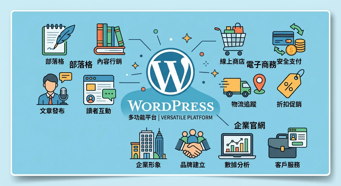 WordPress Logo 搭配各種網站類型的圖示（部落格、電商、企業官網），呈現 WordPress 的多功能性