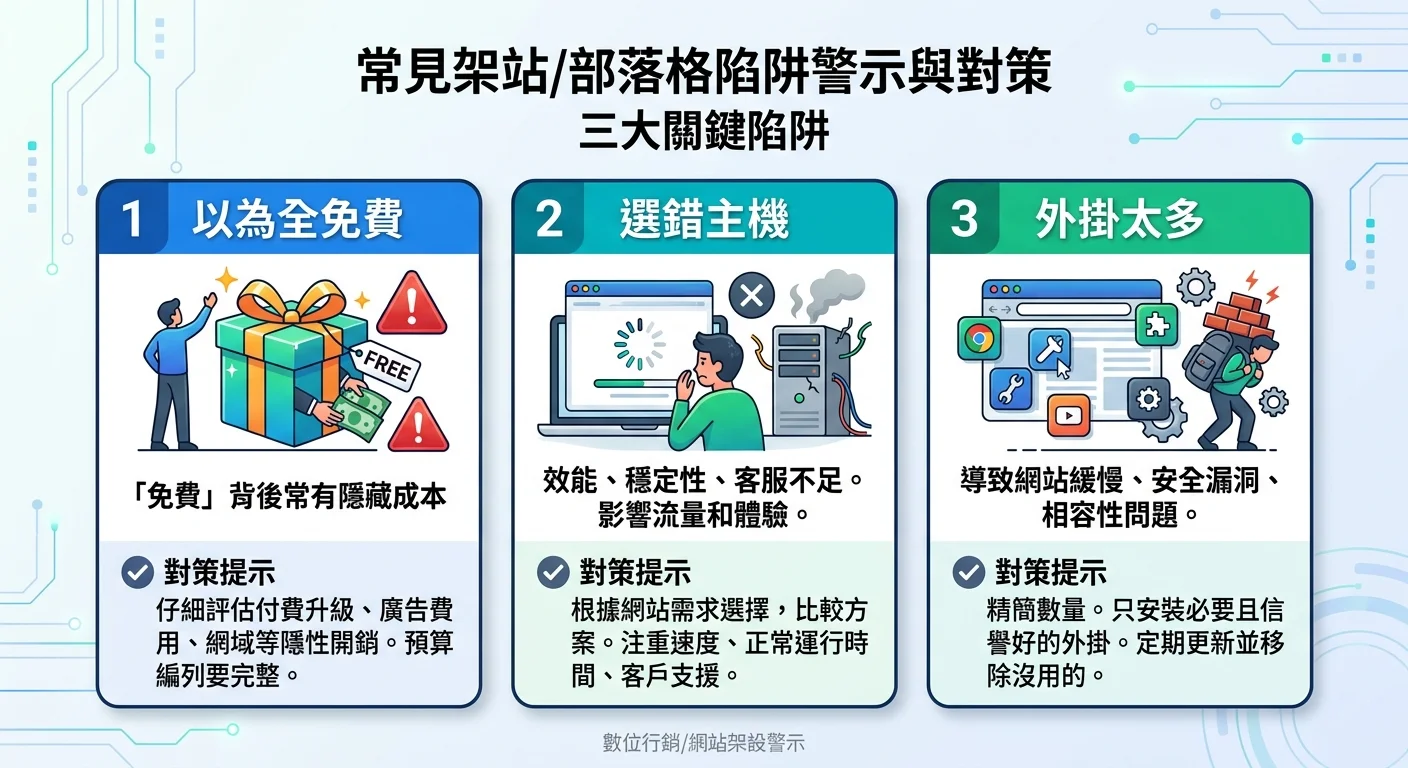三個常見陷阱的警示圖，分別標示「以為全免費」、「選錯主機」、「外掛太多」，每個搭配簡短的解法提示