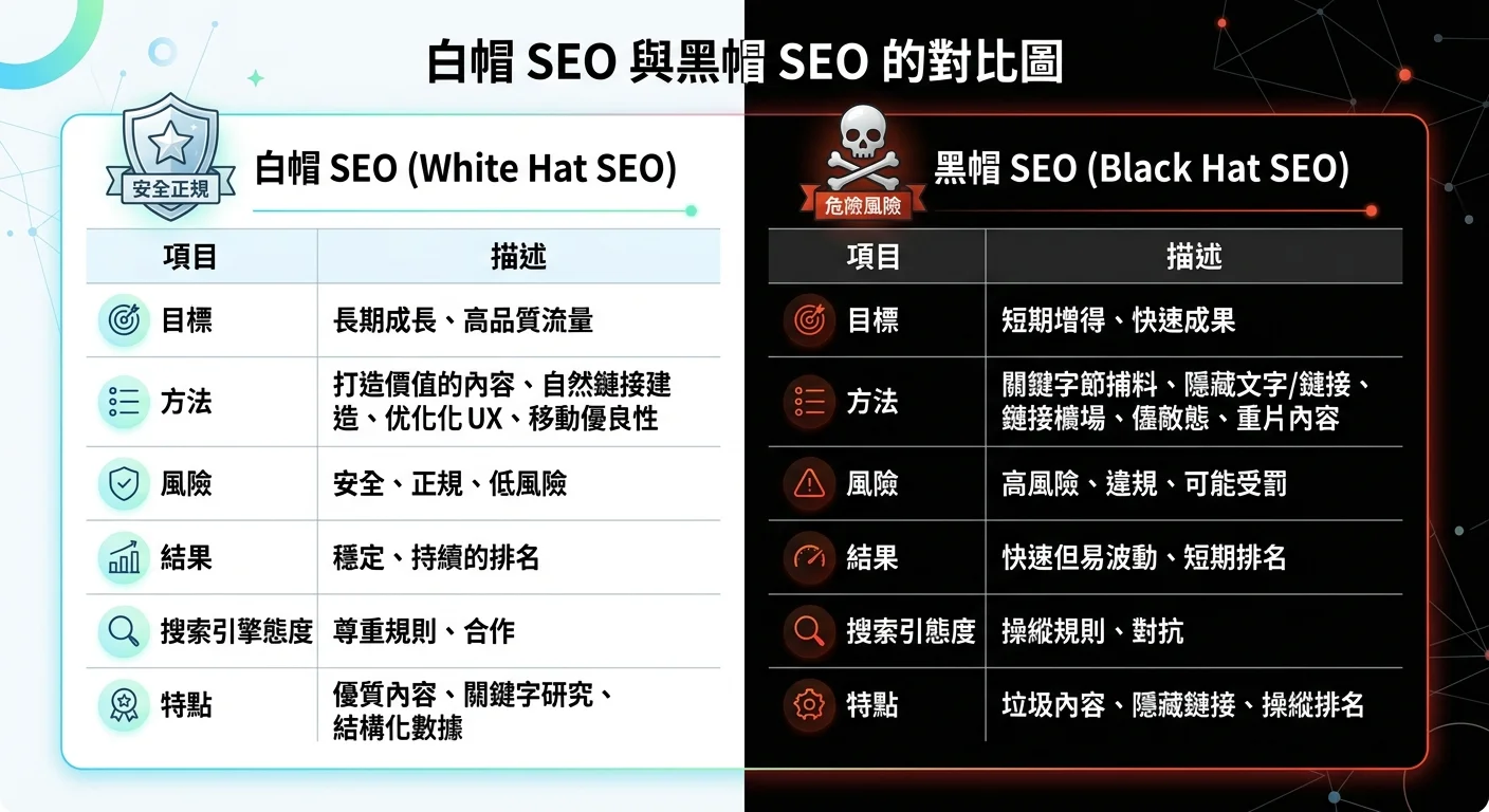 白帽 SEO 與黑帽 SEO 的對比圖，左側白色區域標示白帽 SEO（盾牌圖示，代表安全正規），右側黑色區域標示黑帽 SEO（骷髏圖示，代表危險風險）