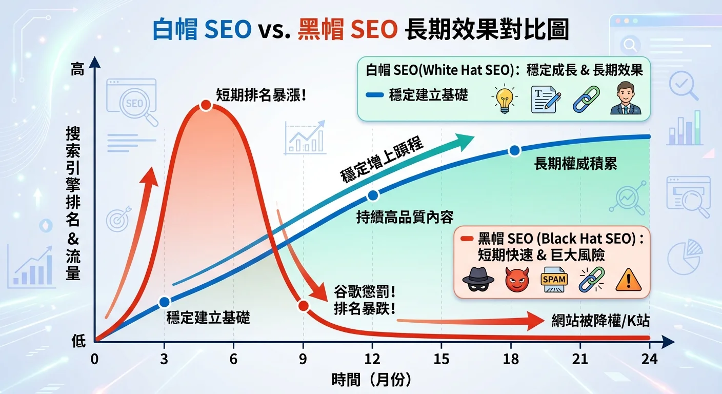 白帽 SEO vs 黑帽 SEO 的長期效果對比圖，X 軸為時間（0-24 個月），Y 軸為排名/流量。白帽 SEO 曲線穩定上升，黑帽 SEO 曲線先暴漲後暴跌