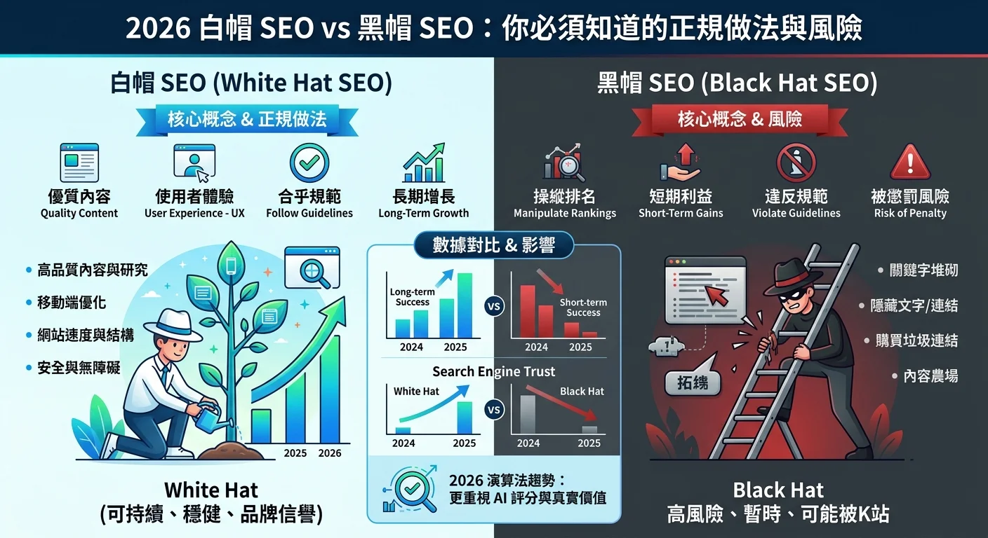 2026 白帽 SEO vs 黑帽 SEO：你必須知道的正規做法與風險相關的視覺化資訊圖，展示核心概念與數據對比