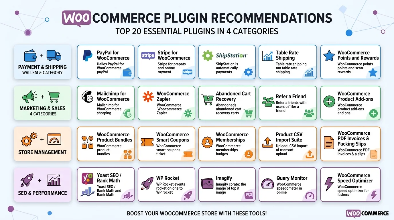 WooCommerce 外掛推薦分類圖，四大類並排：金流物流（5款）、行銷轉換（5款）、管理效率（5款）、SEO效能（5款）