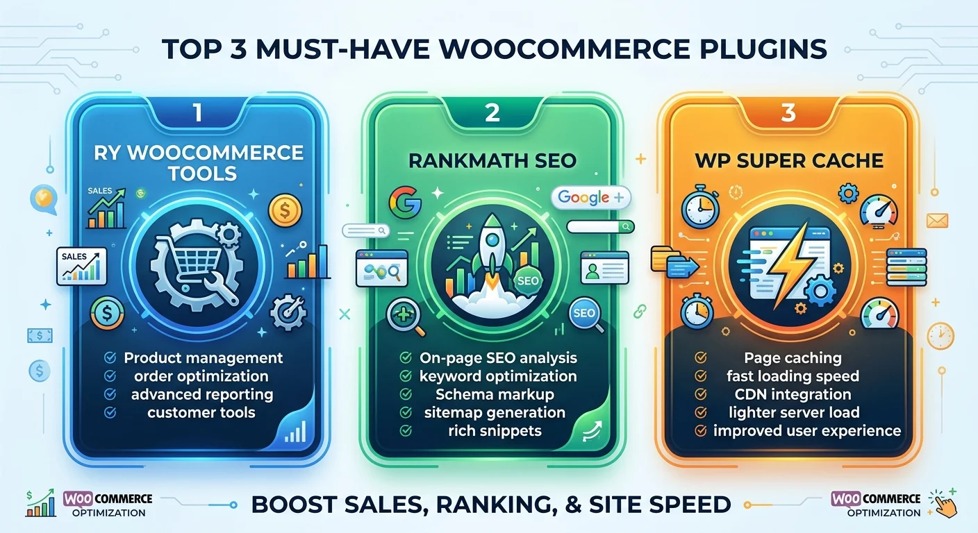 電商必裝三大外掛推薦卡片：RY WooCommerce Tools、RankMath、WP Super Cache