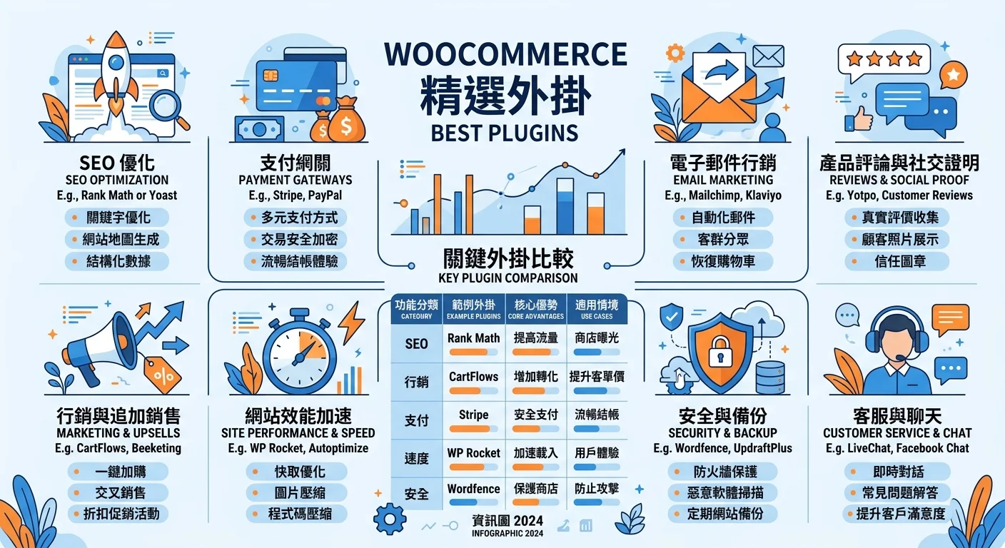 WooCommerce 外掛推薦｜2026 年 20 款必裝電商外掛相關的視覺化資訊圖，展示核心概念與數據對比