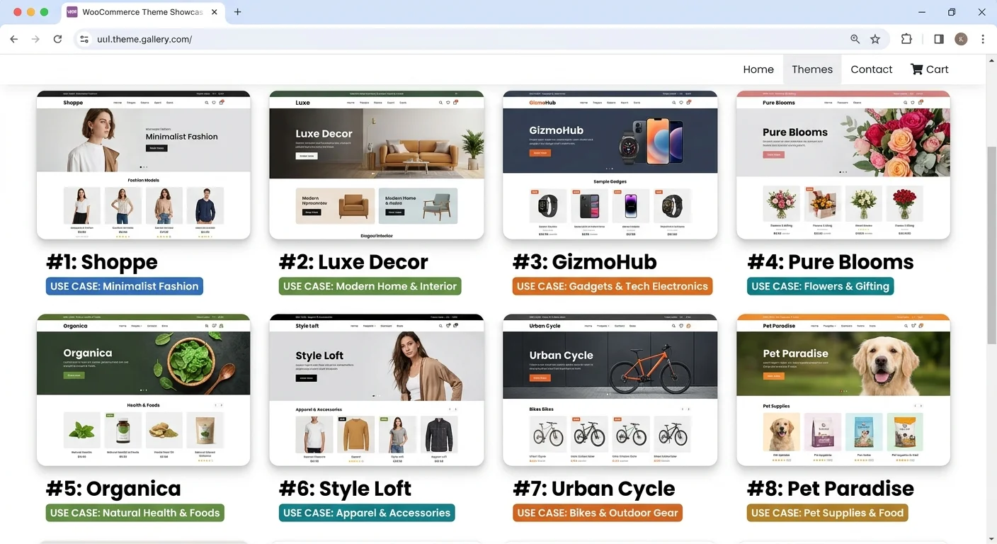 八款電商主題預覽縮圖並排展示，每個標示名稱和適用場景