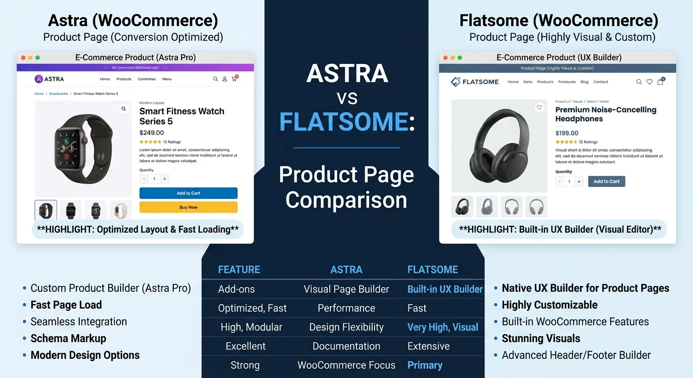 Astra vs Flatsome 雙主題比較圖，並排展示各自的商品頁面預覽和特色