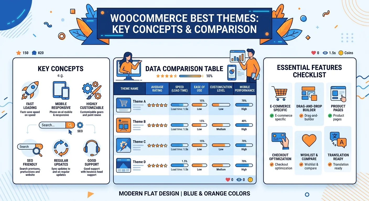 WooCommerce 電商佈景主題推薦｜2026 年 8 款高轉換率主題相關的視覺化資訊圖，展示核心概念與數據對比