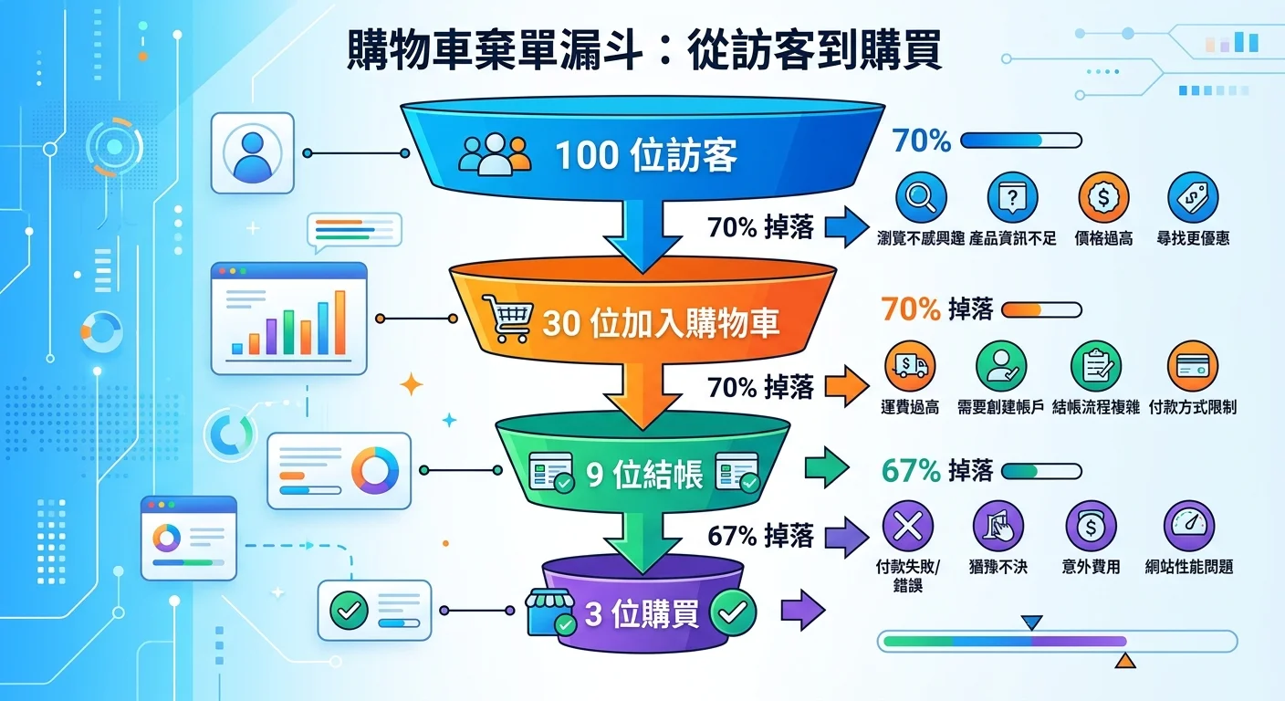 購物車棄置漏斗圖，從 100 個訪客→30 加入購物車→9 進結帳→3 完成結帳，每層標示流失原因