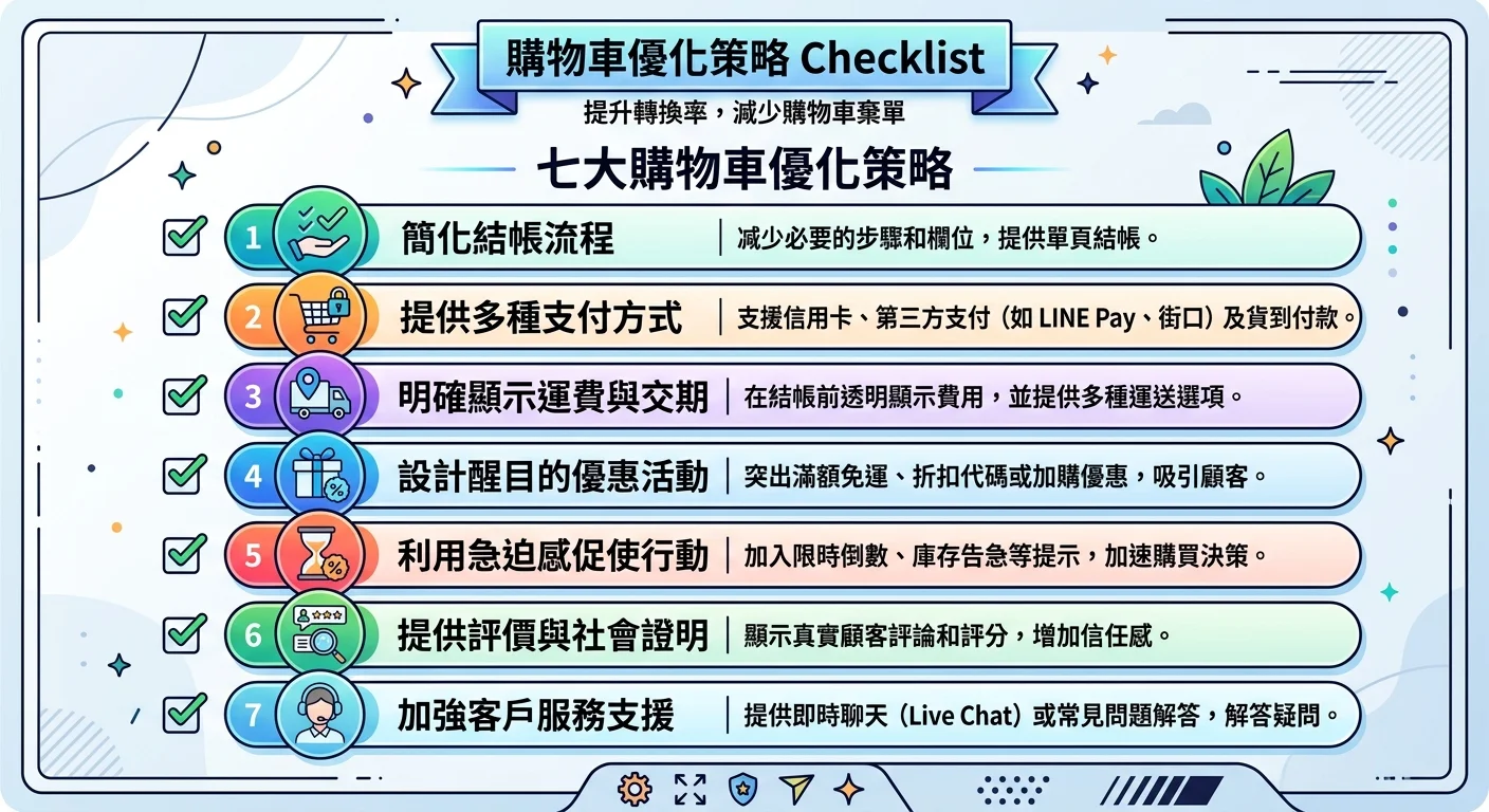 七大策略圖示清單，每個策略配一個圖標和一句話說明