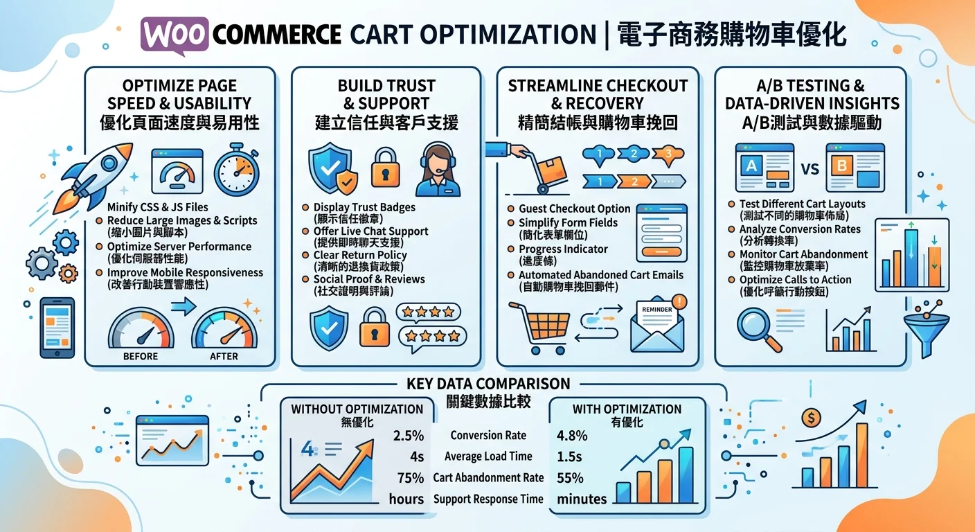 WooCommerce 購物車設定與優化｜2026 年降低棄置率的實戰技巧相關的視覺化資訊圖，展示核心概念與數據對比