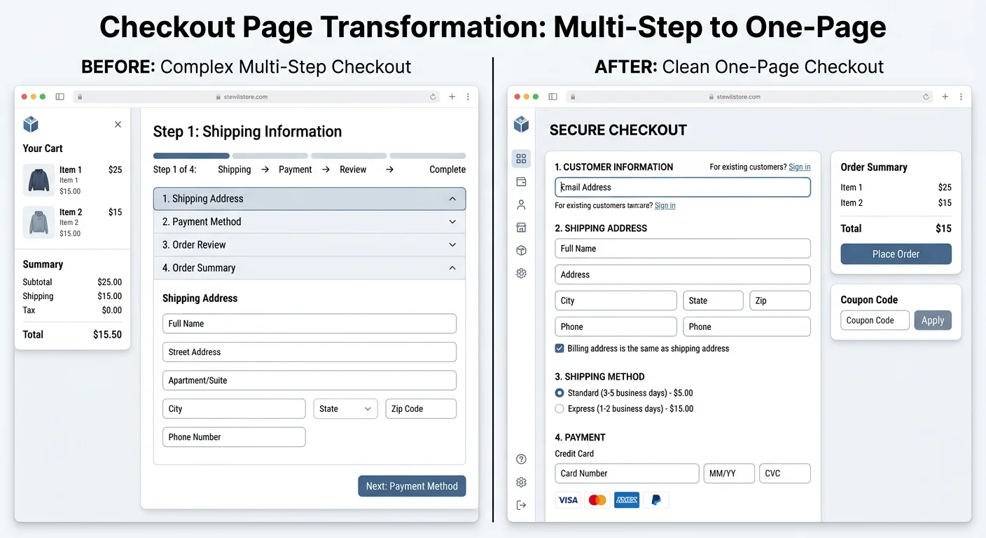 結帳頁面優化前後對比，左側多步驟結帳（複雜），右側一頁式結帳（簡潔）