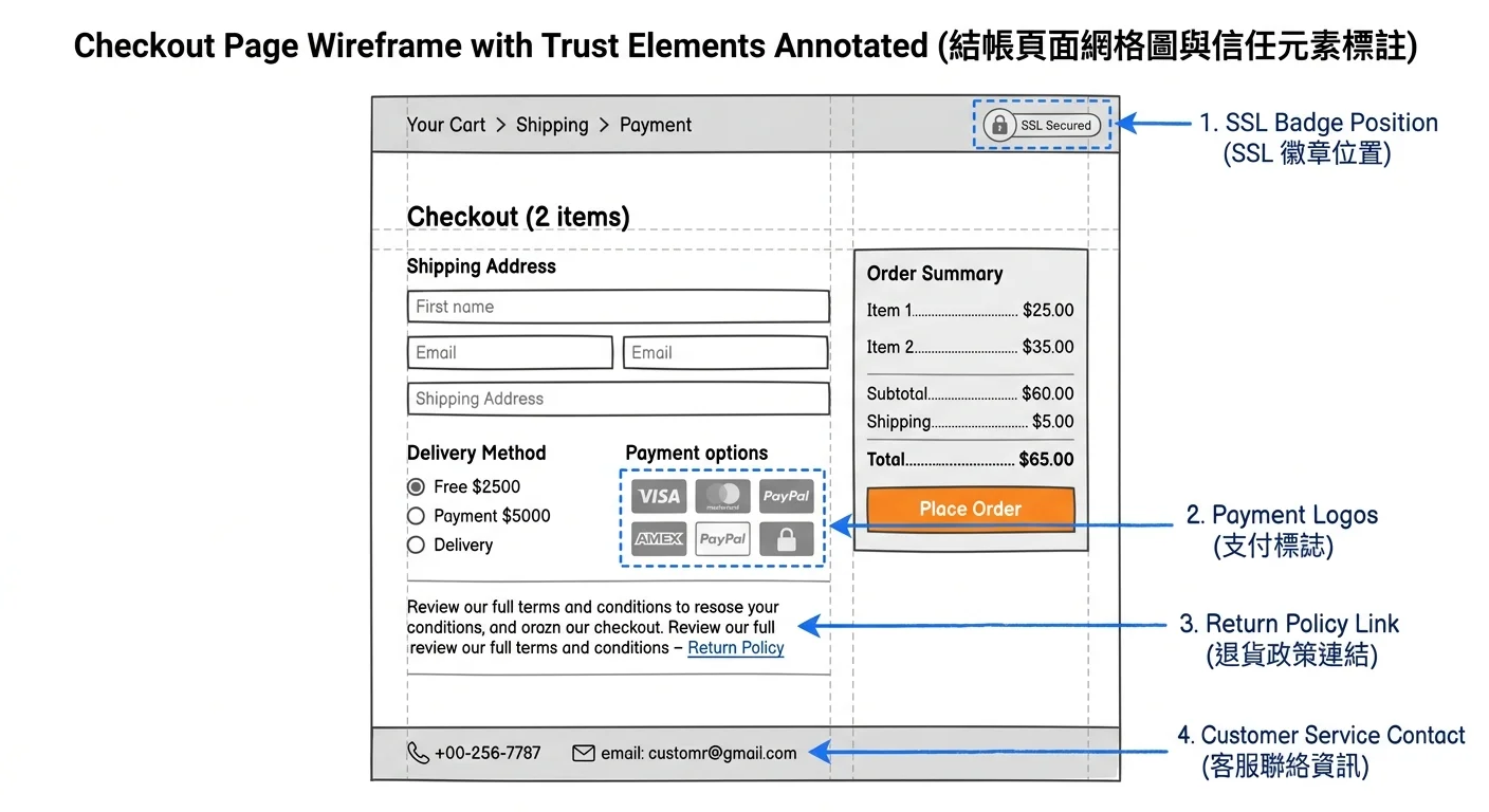 結帳頁面信任元素位置標示圖，在模擬結帳頁面上標示各信任元素的建議位置