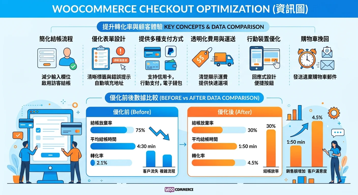 WooCommerce 結帳頁面優化教學｜2026 年一頁式結帳設定相關的視覺化資訊圖，展示核心概念與數據對比