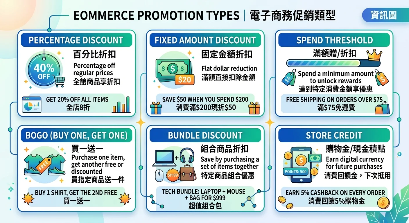 電商促銷策略總覽圖，六種促銷方式以卡片形式展示：百分比折扣、固定金額折、滿額折、買一送一、組合折扣、購物金