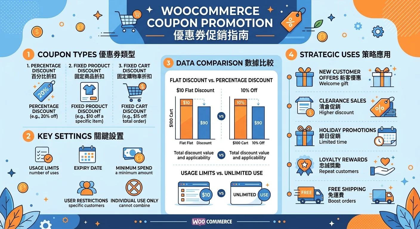 WooCommerce 優惠券與促銷設定教學｜2026 年折扣策略完整指南相關的視覺化資訊圖，展示核心概念與數據對比