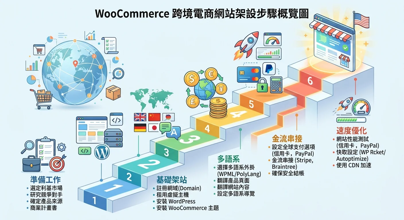 WooCommerce跨境電商網站架設步驟概覽圖，由下往上六個階段：準備工作→基礎架站→多語系→多幣別→金流串接→速度優化，每個階段有小圖示，整體呈現階梯式上升